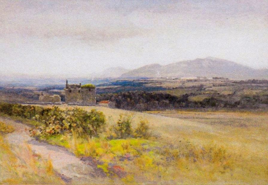 Painting of Faside Castle at sunset